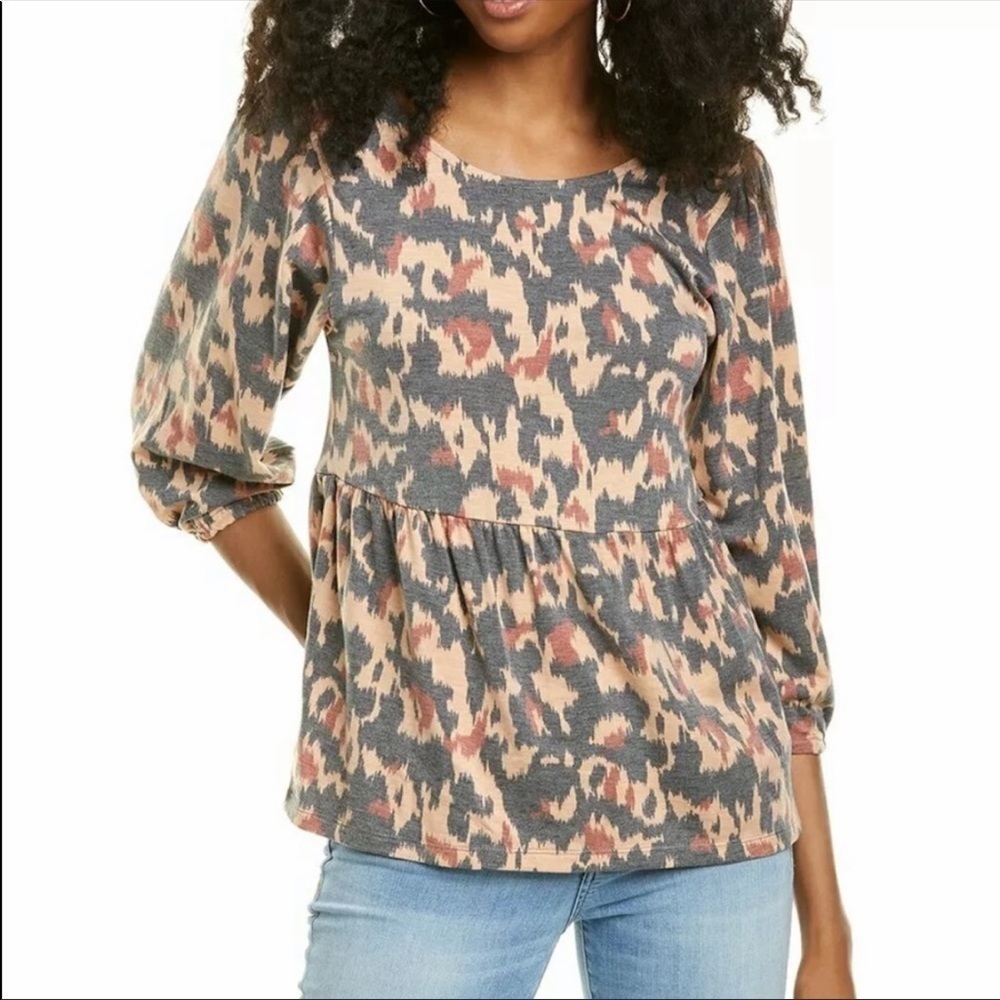 NEW Bobeau Babydoll Top, Animal-print Pattern Size XS 3/4 Sleeves In Tan/Black